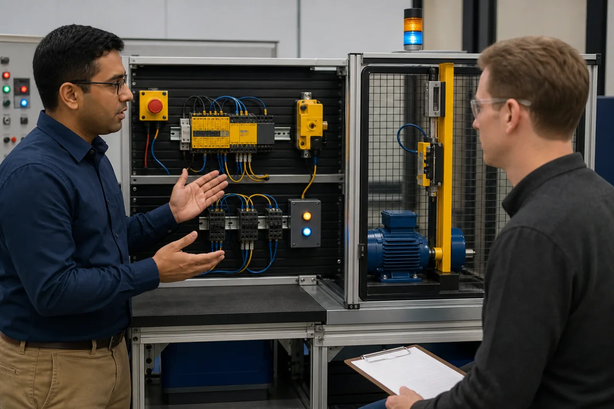 PLC candidate explaining a dual-channel emergency stop, safety controller, guard switch and contactor feedback circuit