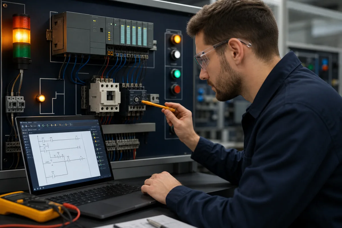 PLC technician tracing a motor no-start fault from ladder logic to output module, contactor and overload relay