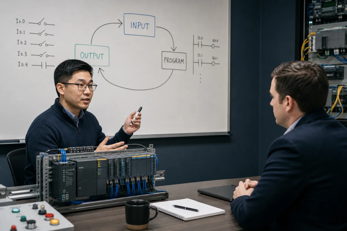 Automation engineer candidate explaining the PLC scan cycle to an interviewer beside a controller training rack