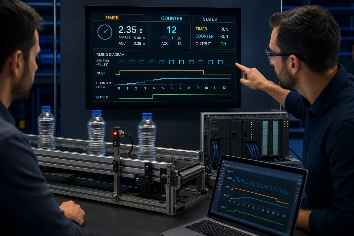 PLC interview discussion using a conveyor, photoelectric sensor, timer waveform and counter state