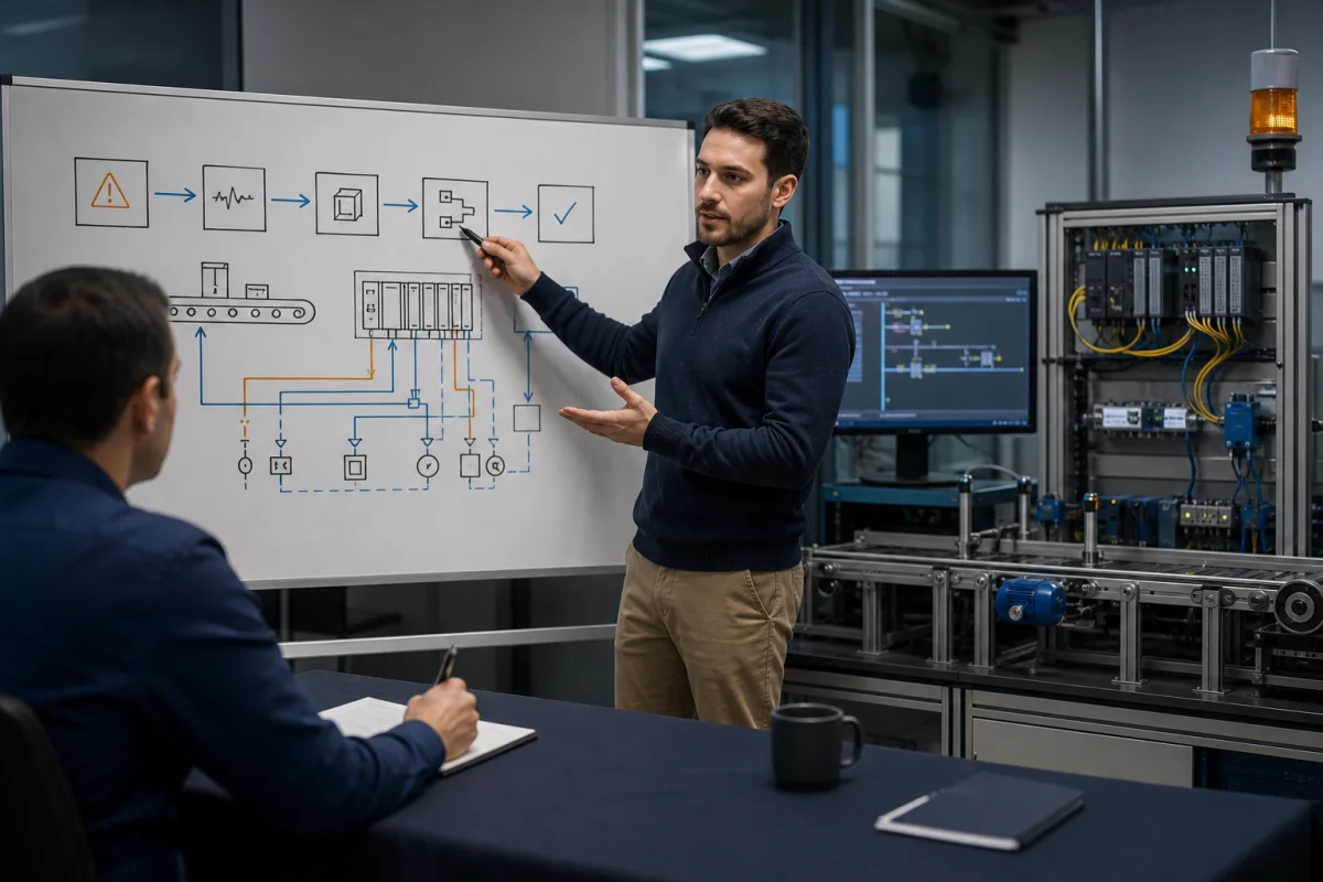 PLC interview candidate presenting a symptom-to-verification troubleshooting method beside a conveyor training cell