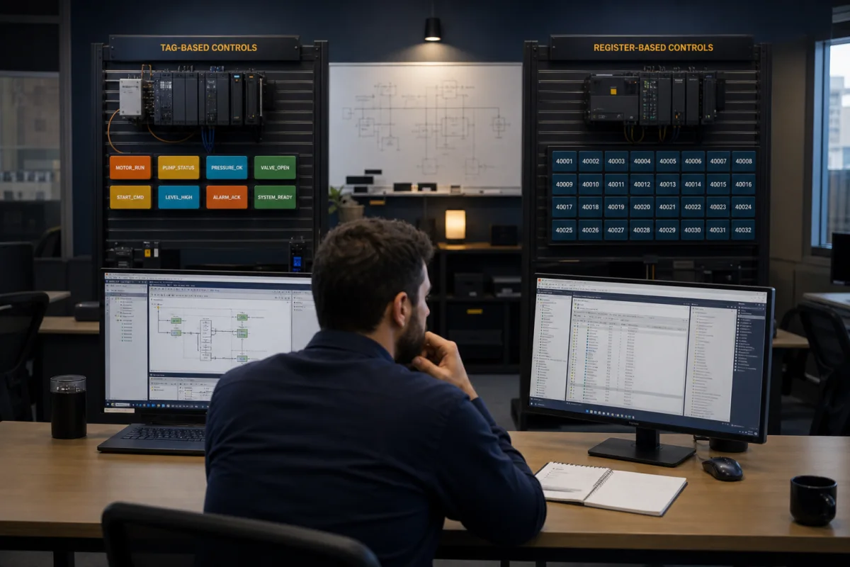 Controls engineer comparing tag-based and register-based PLC programming environments during interview preparation