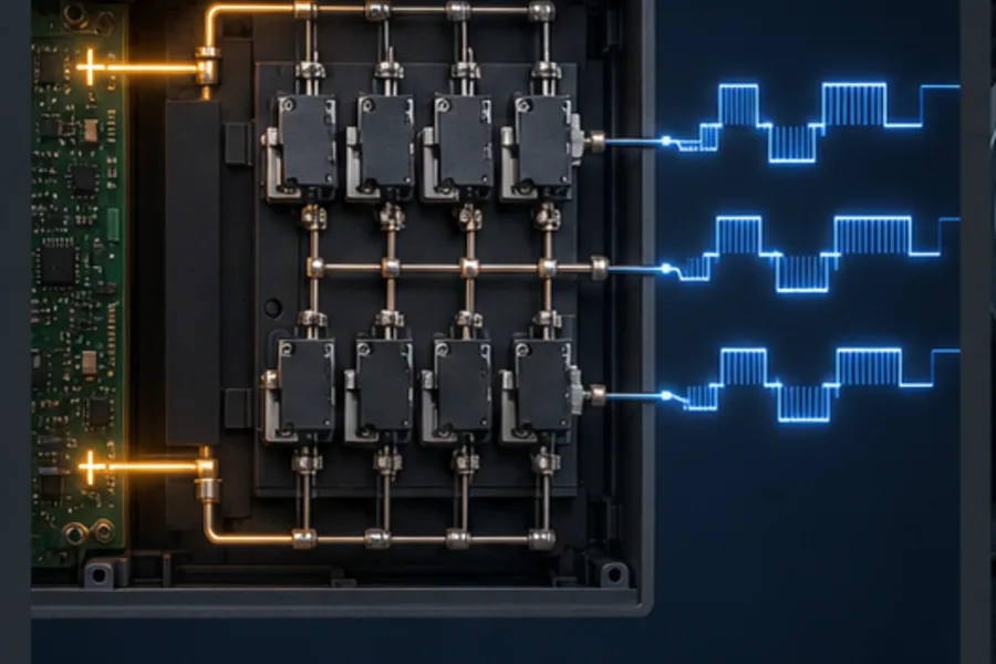 IGBT inverter stage switching the DC bus into pulse-width-modulated three-phase output