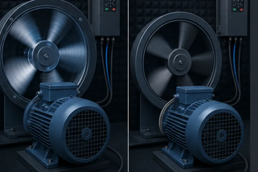 The same fan and motor operating at two speeds under VFD control