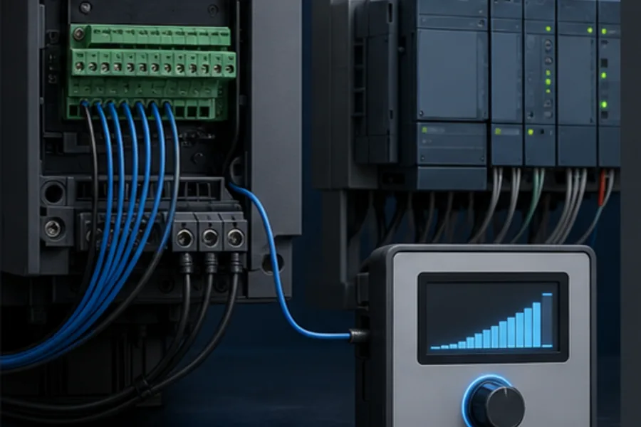 VFD low-voltage control terminals connected to PLC I/O and a speed reference