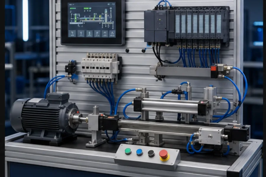 Complete industrial automation training cell with PLC, HMI, sensors, motor and pneumatic actuator