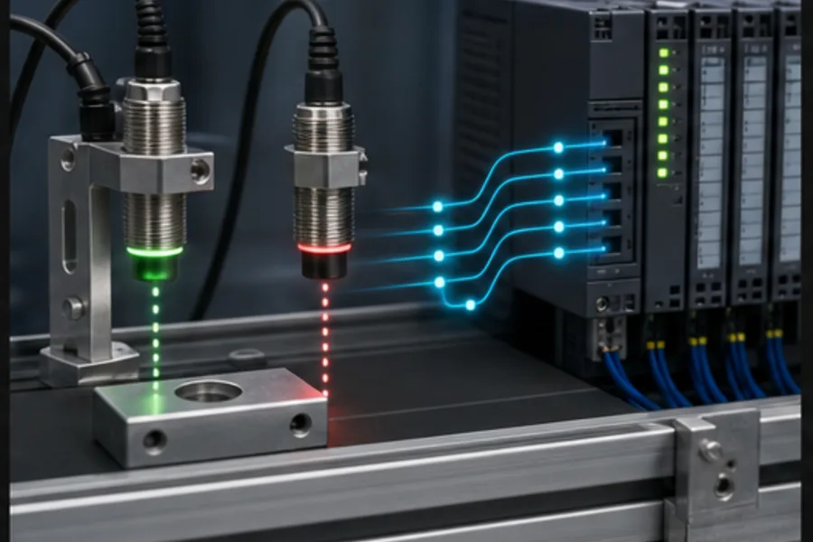 Industrial sensors detecting a workpiece and sending signals toward PLC inputs