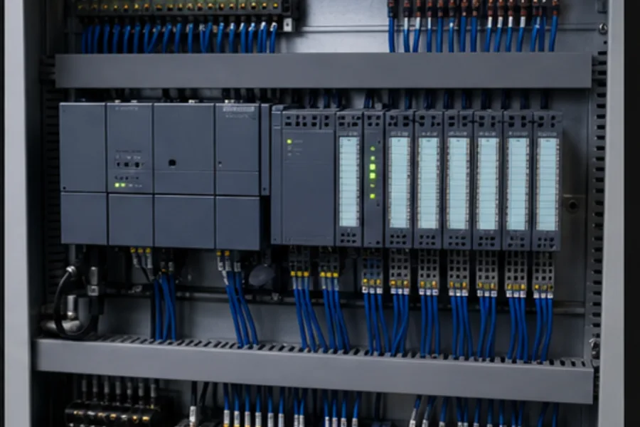 PLC CPU and I/O modules executing a machine sequence in a control cabinet