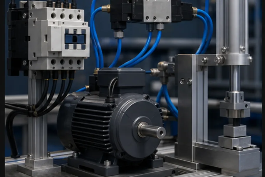 Contactor-driven motor, solenoid valve and pneumatic cylinder performing work