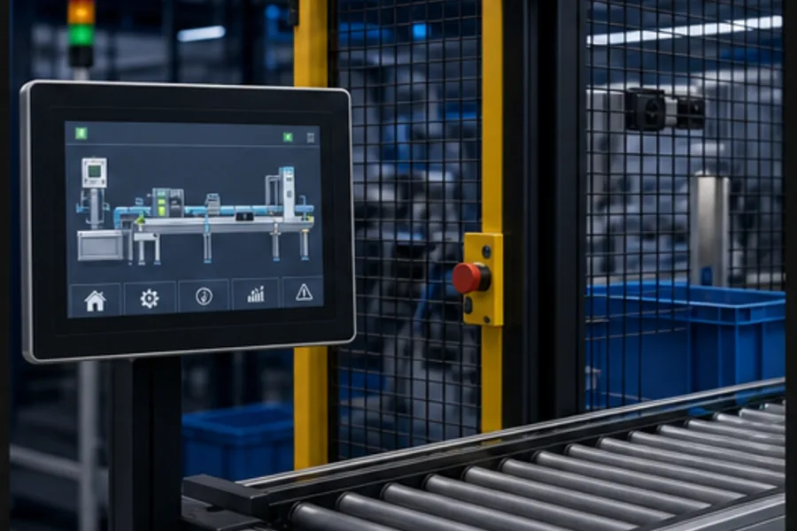 Industrial HMI showing process state beside a guarded conveyor cell