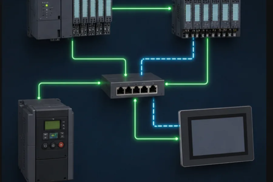 Industrial network linking PLC, remote I/O, VFD and HMI
