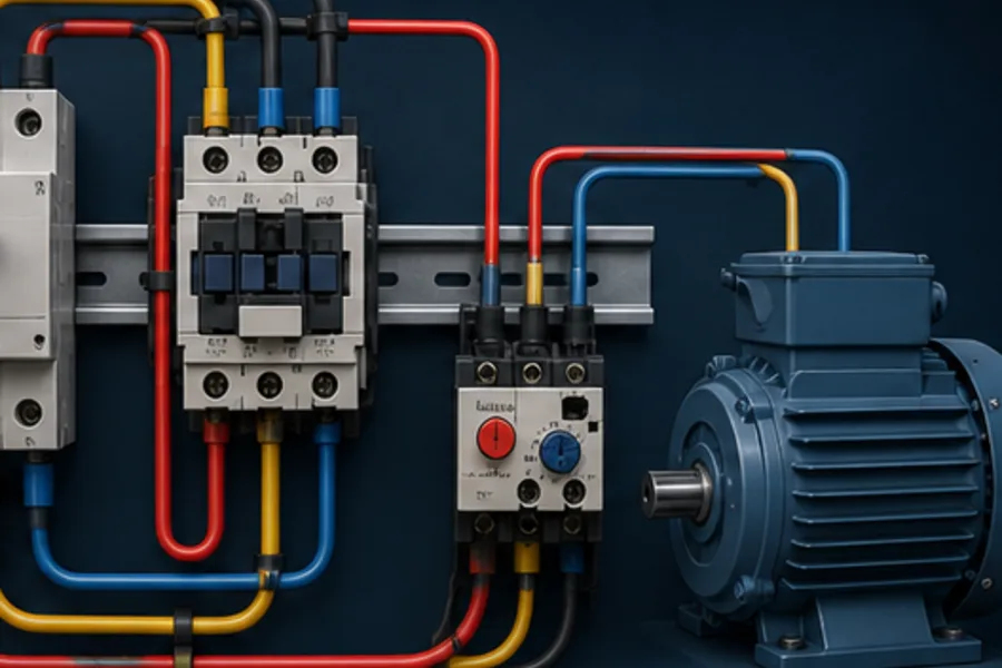 Three-phase power path through protection, contactor and overload to a motor