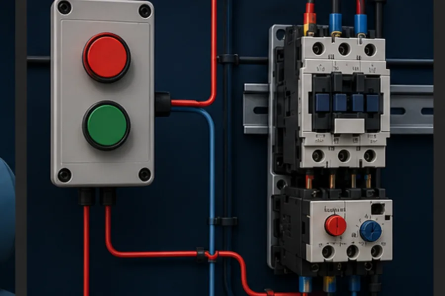 Red Stop and green Start control station connected to a motor starter