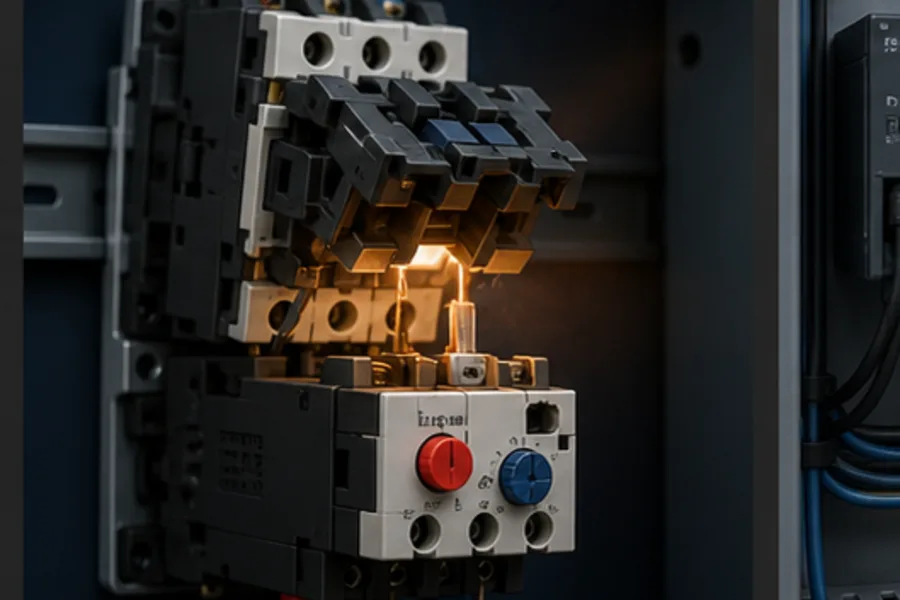 Thermal overload relay trip mechanically dropping the motor contactor