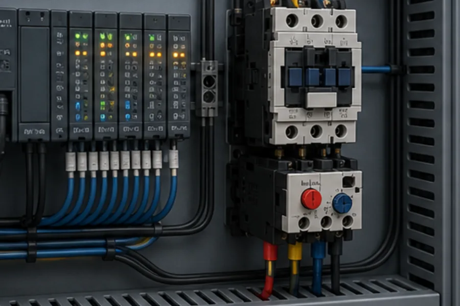 PLC output and auxiliary feedback wired to a motor starter in a control cabinet