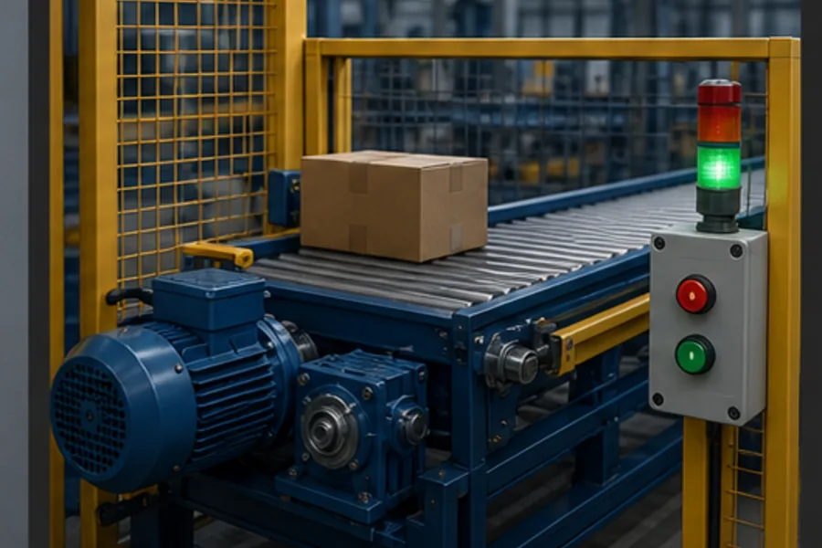 Guarded conveyor running after a correctly commissioned motor starter sequence