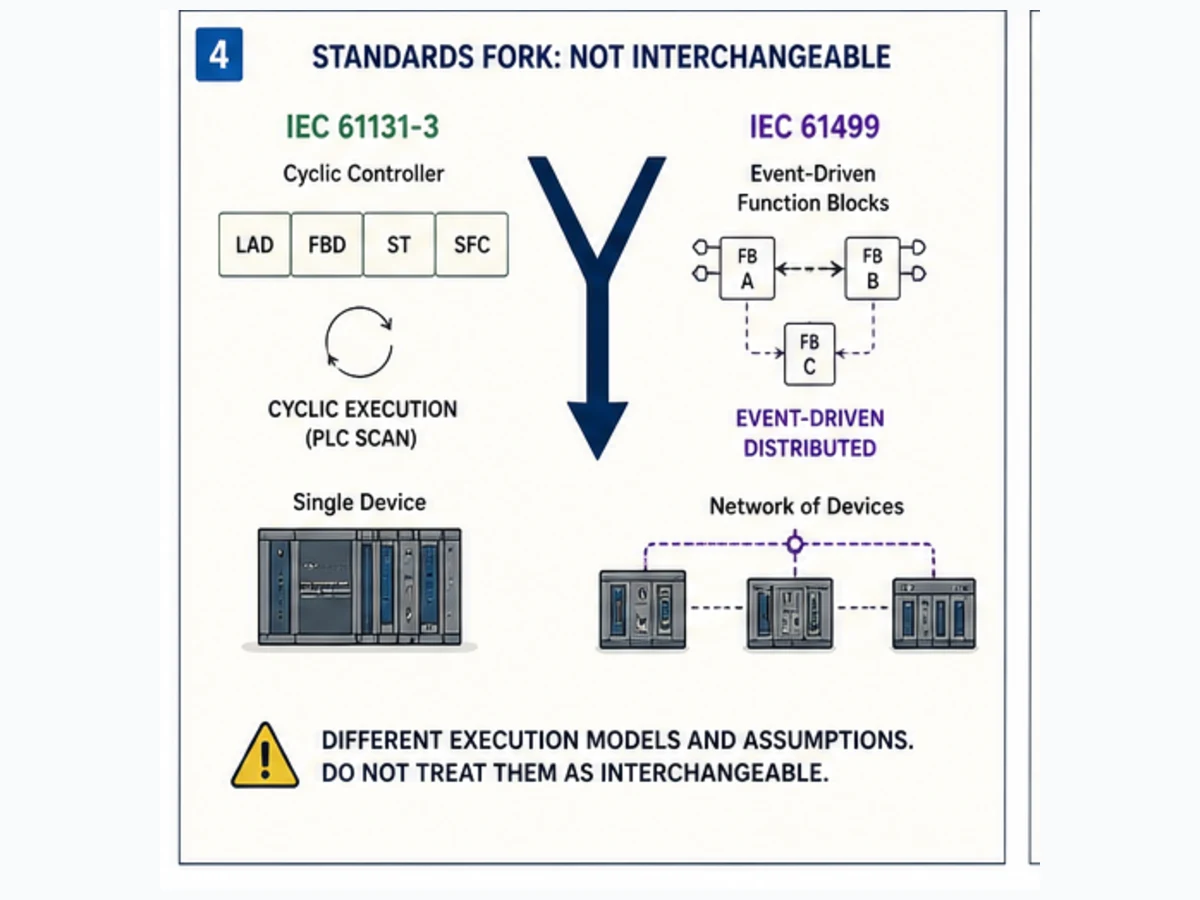 Conceptual comparison between IEC 61131-3 cyclic PLC execution and IEC 61499 event-driven distributed function blocks across networked devices