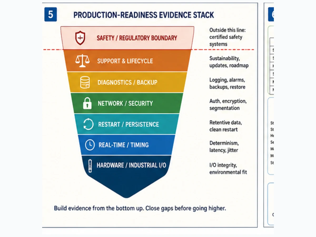 Production readiness evidence stack for open-source PLC software covering industrial I O timing restart persistence network security diagnostics backup support lifecycle and safety boundary