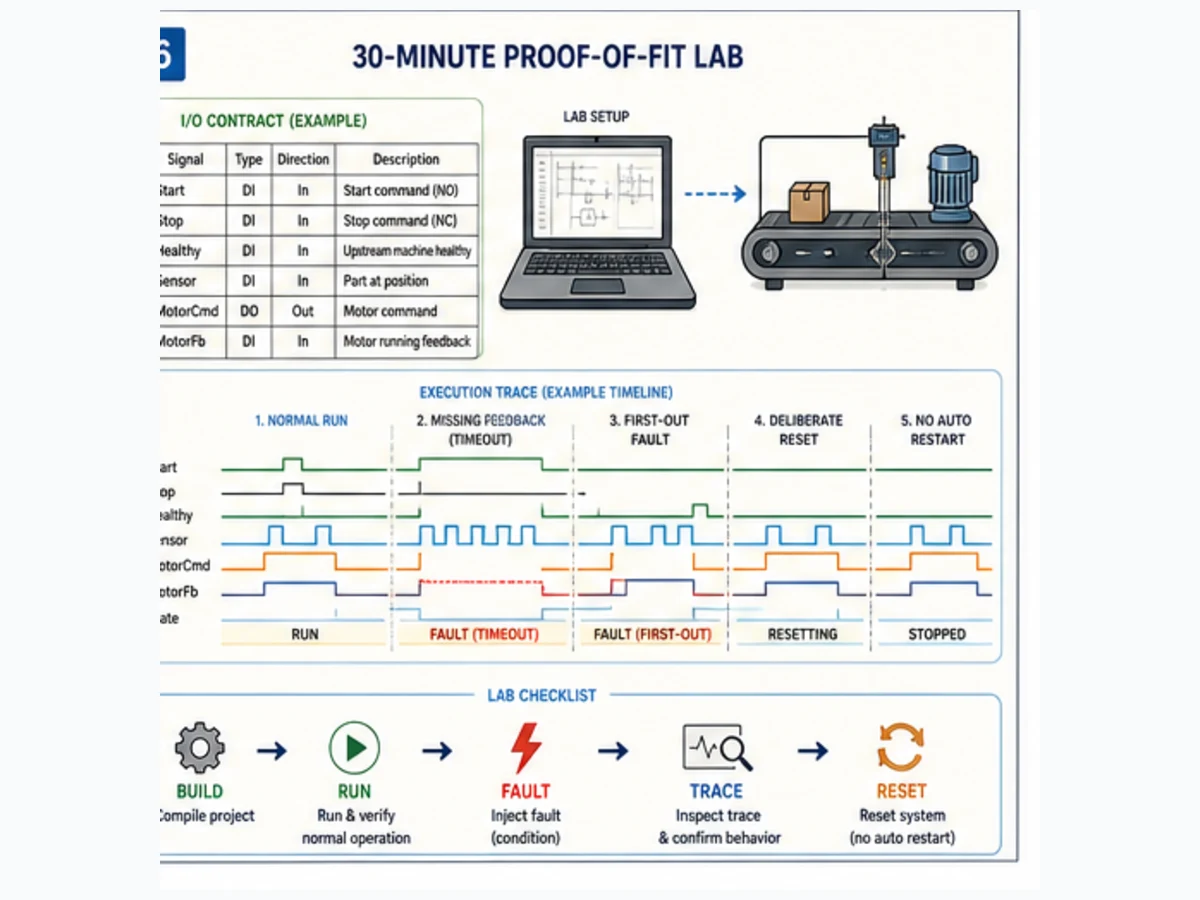 Open-source PLC software proof-of-fit lab with conveyor I O contract normal run missing feedback timeout first-out fault deliberate reset and no automatic restart