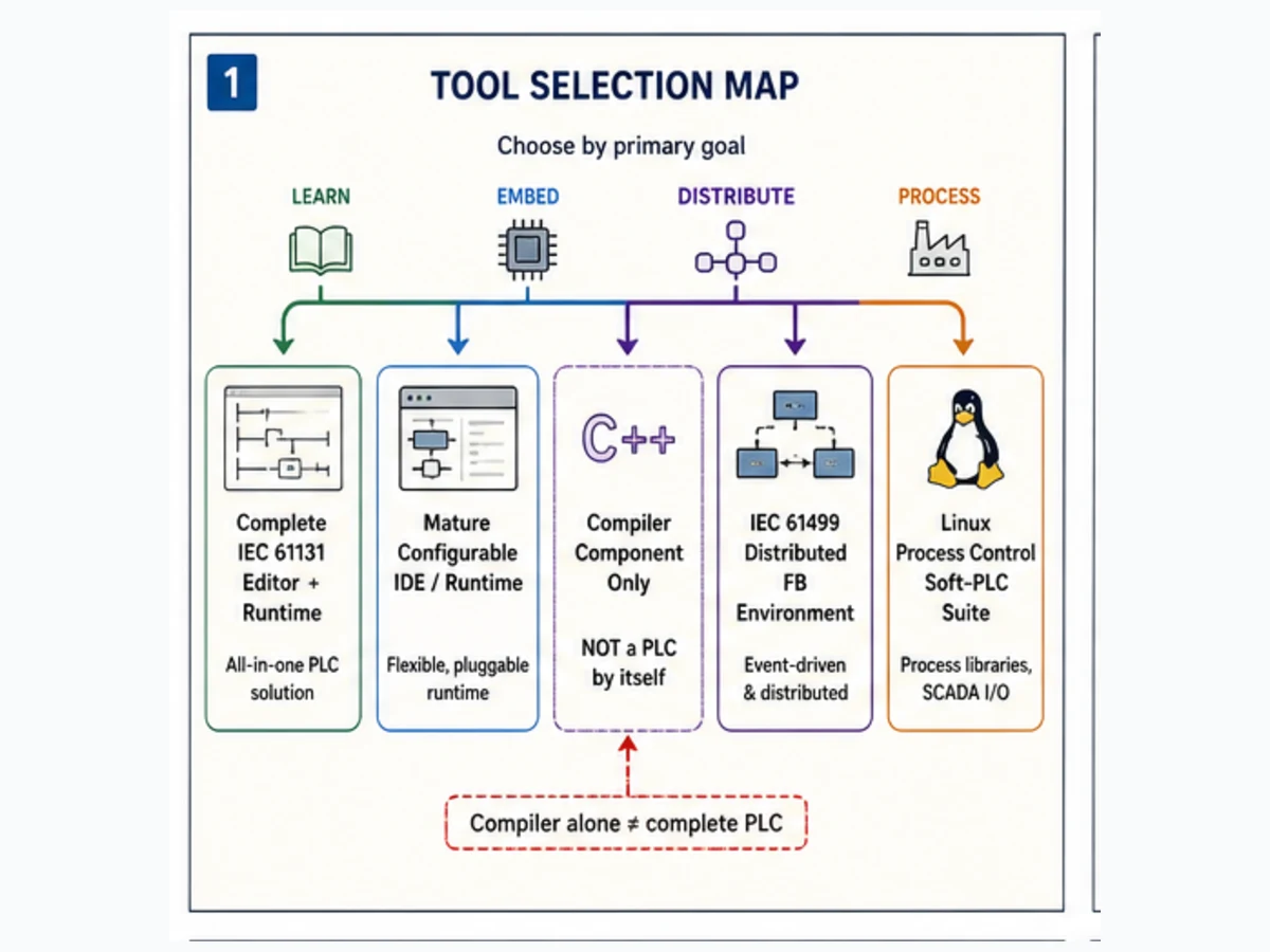 Open-source PLC software selection map separating complete IEC 61131 editor-runtime tools, compiler components, IEC 61499 environments and process-control suites