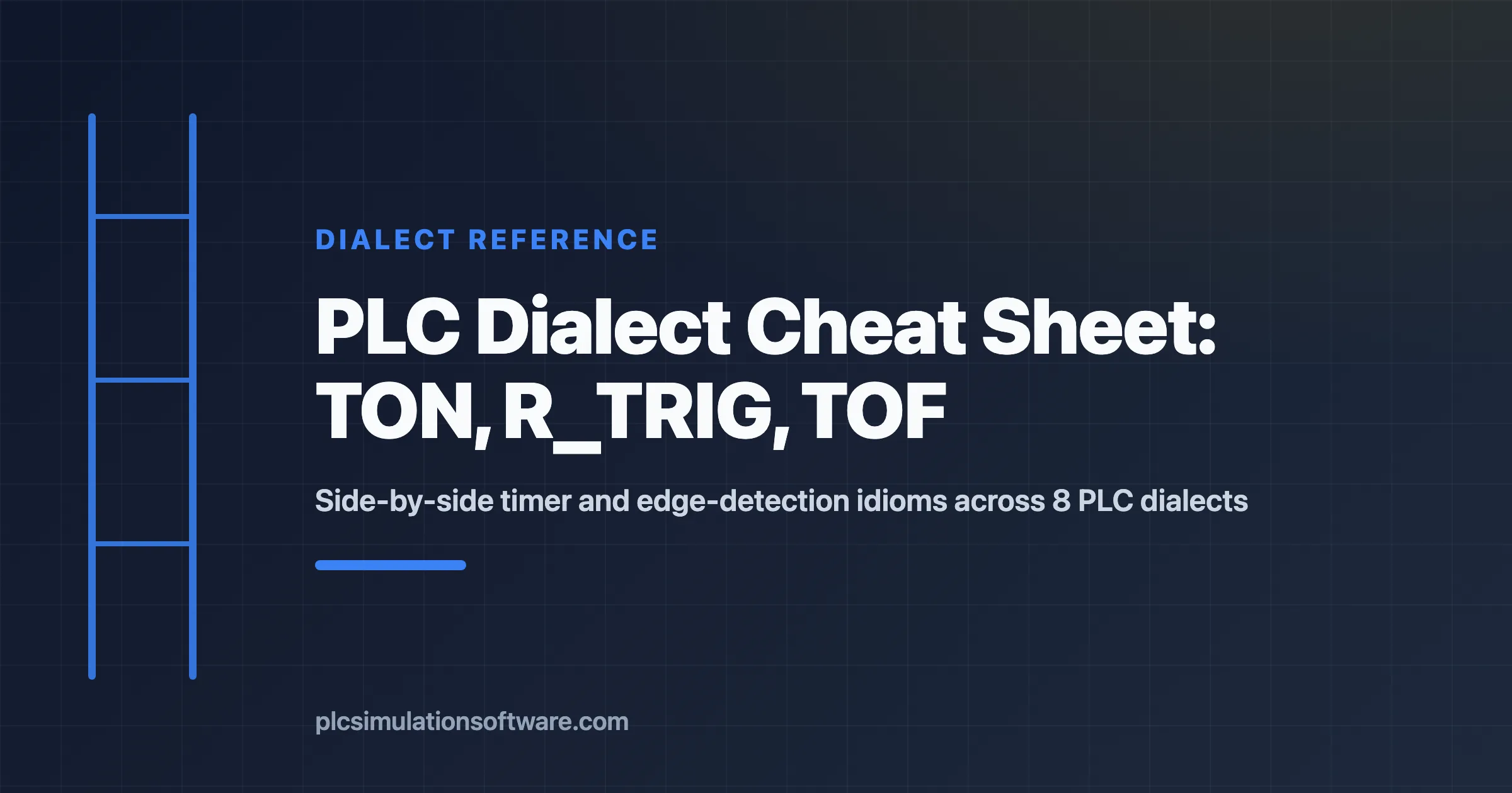 PLC dialect cheat sheet comparing TON, R_TRIG and TOF idioms across 8 PLC dialects