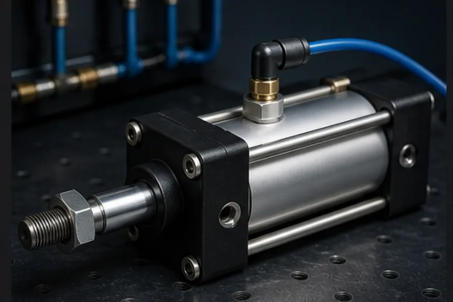 Double-acting pneumatic cylinder on an industrial training bench
