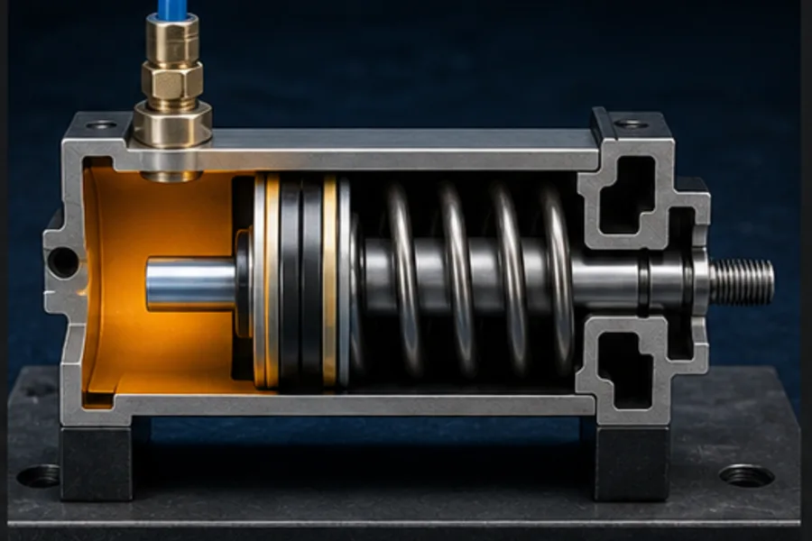 Single-acting pneumatic cylinder cutaway with one air port and spring return