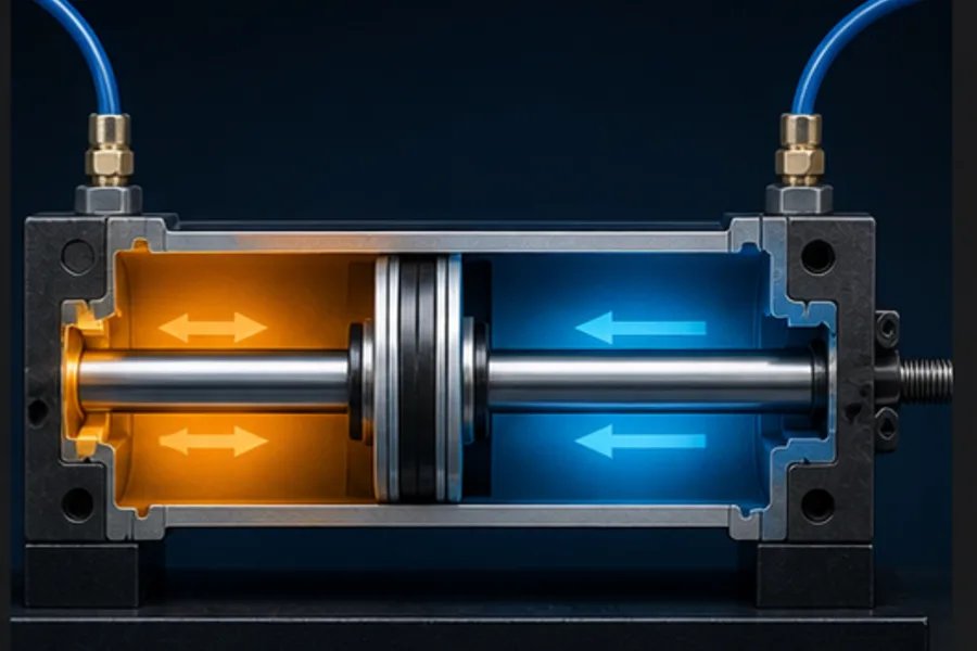 Double-acting cylinder cutaway with air alternately pressurising both piston faces