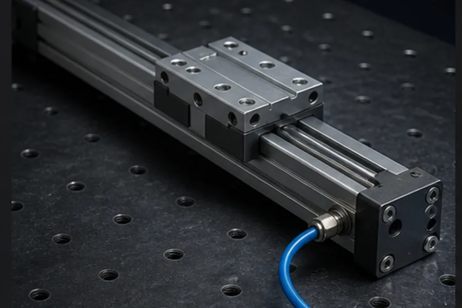 Rodless pneumatic cylinder moving a carriage along the actuator body