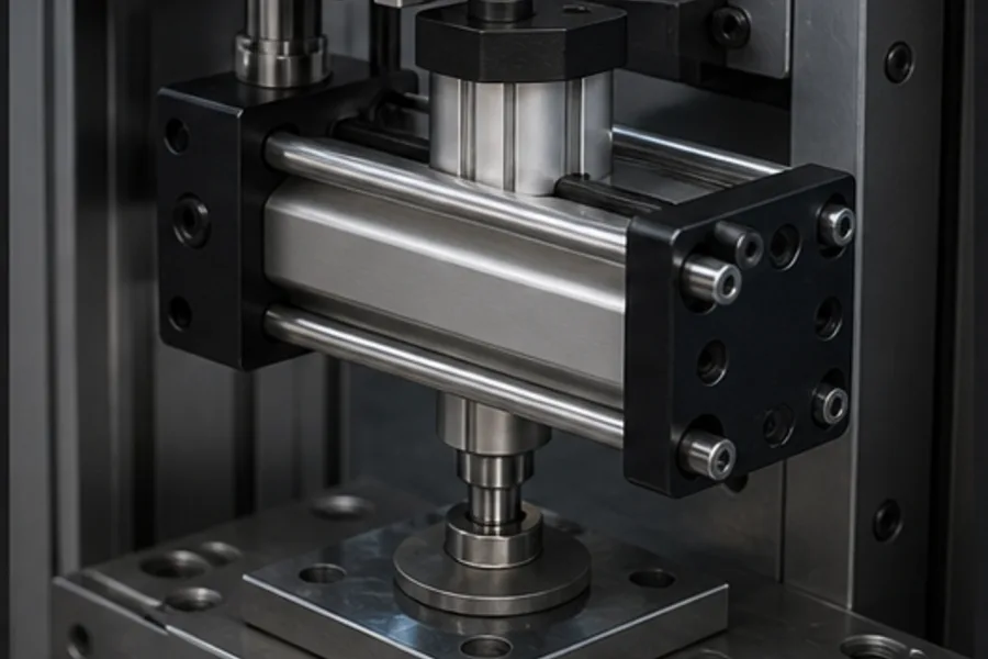 Guided pneumatic cylinder supporting a tooling load against side force and rotation