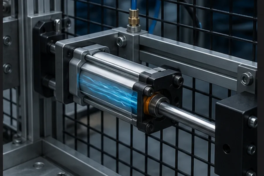 Cushioned pneumatic cylinder slowing before the end of its stroke in a guarded cell