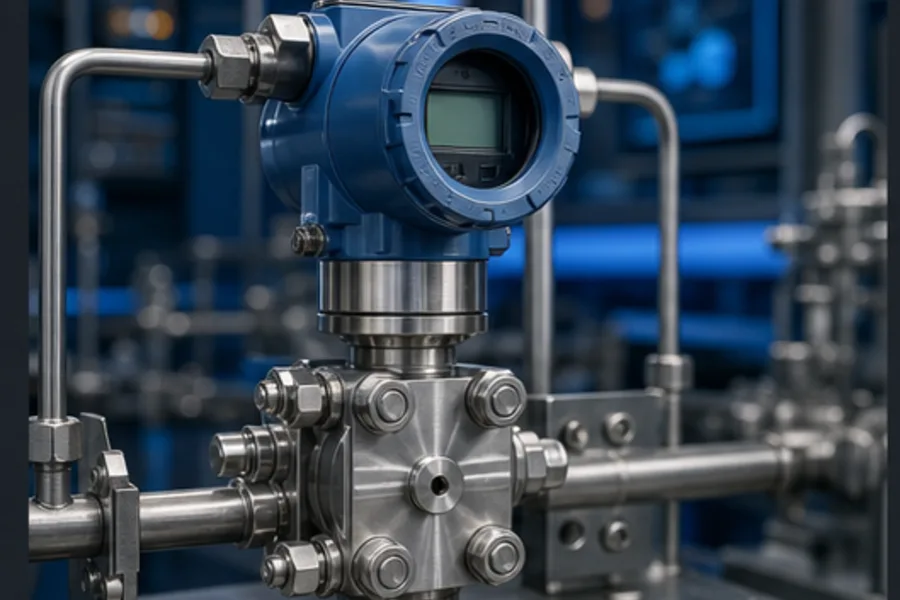 Industrial pressure transmitter mounted on a process training skid