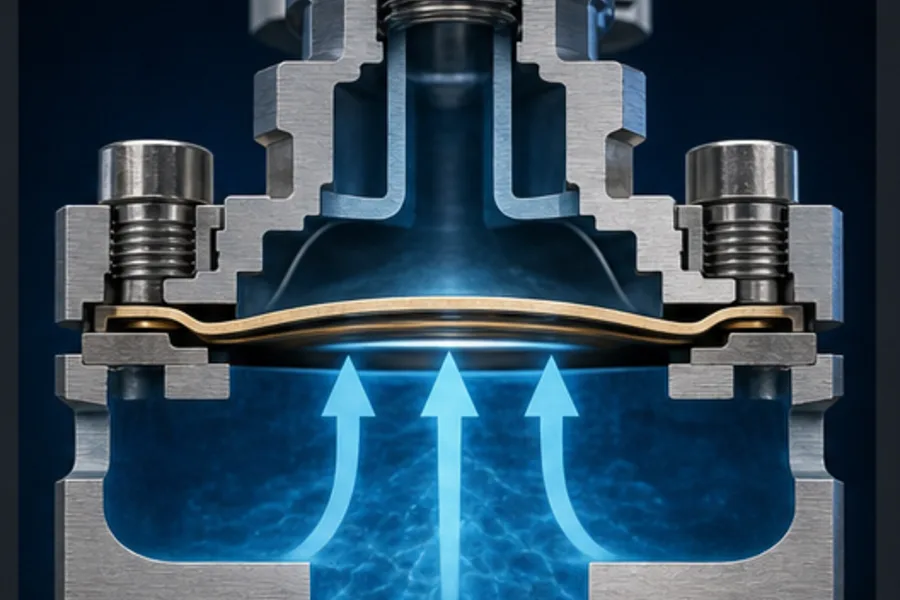 Cutaway showing process pressure deflecting a transmitter isolation diaphragm