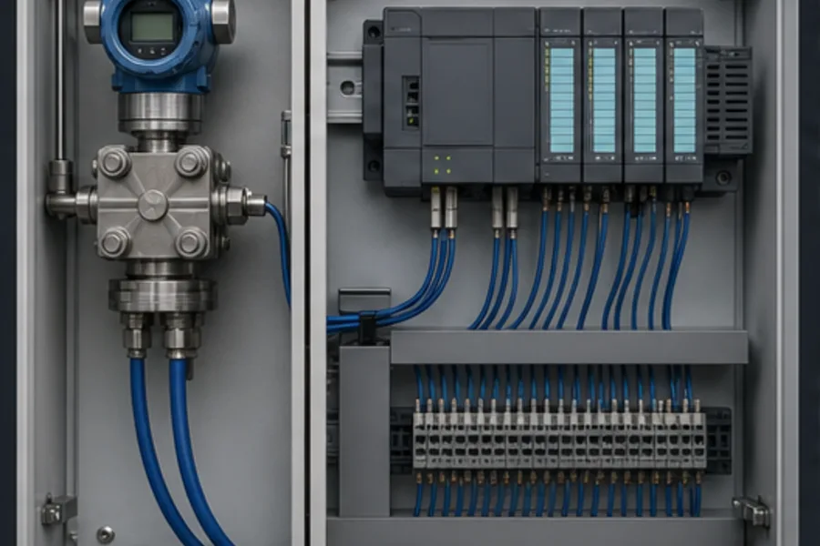 Two-wire pressure transmitter connected to a PLC analog input and power supply