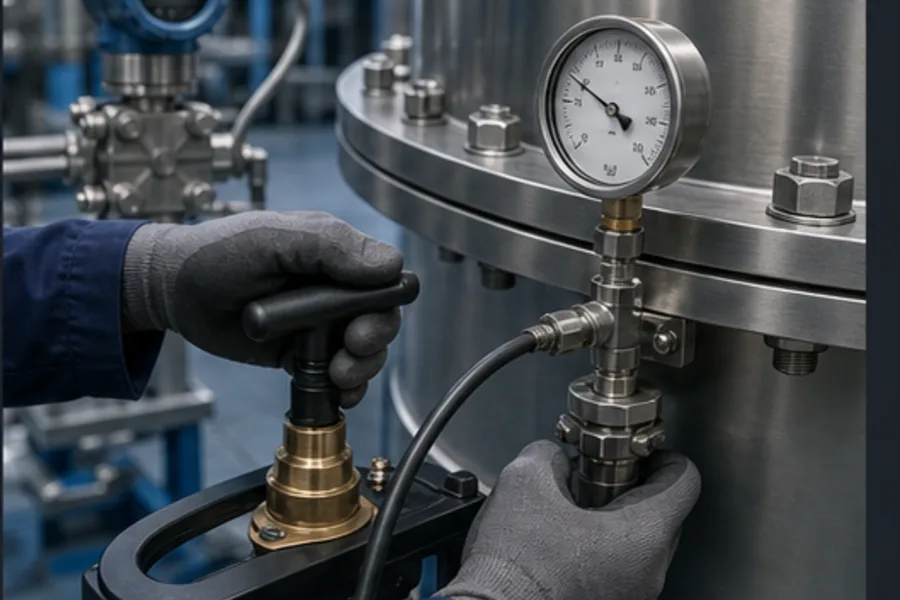 Pressure calibration check using a hand pump and reference gauge