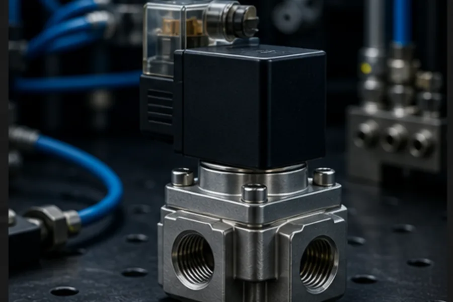 Industrial solenoid valve with electrical coil and two fluid ports