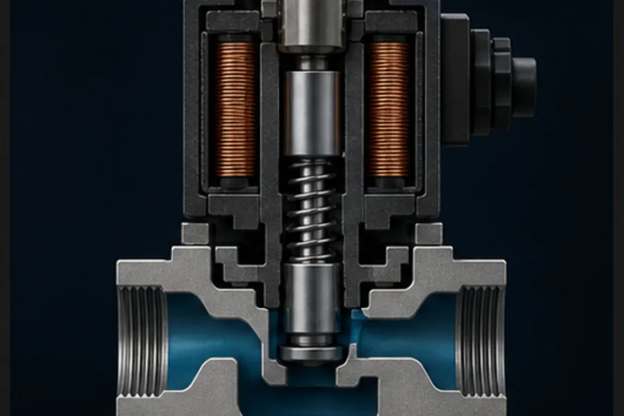 Cutaway of a normally-closed direct-acting solenoid valve with spring and plunger