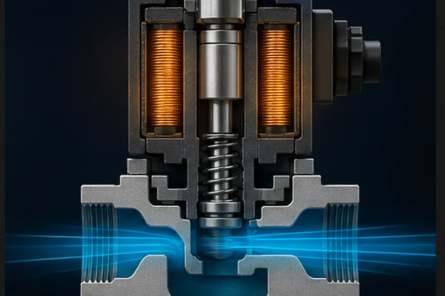 Energised coil lifting the plunger so fluid can pass through the valve