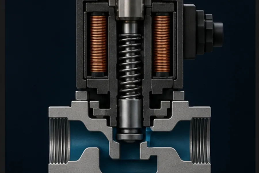 De-energised solenoid valve with the return spring closing the seat