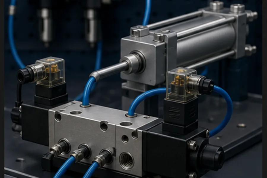 Directional solenoid valve shifting airflow to extend or retract a pneumatic cylinder