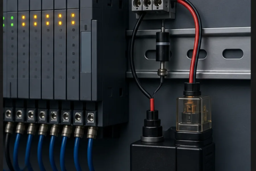 PLC output module wired to a solenoid valve coil with suppression
