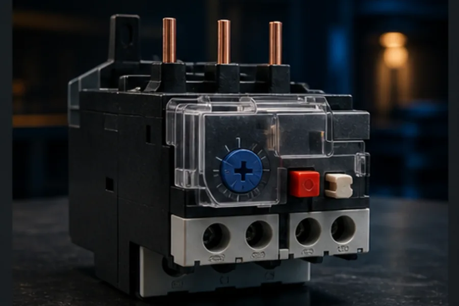 Thermal overload relay with current-setting dial, trip button and three motor-current paths