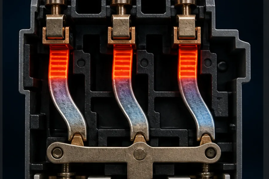 Cutaway of three heated bimetal paths bending as motor current rises