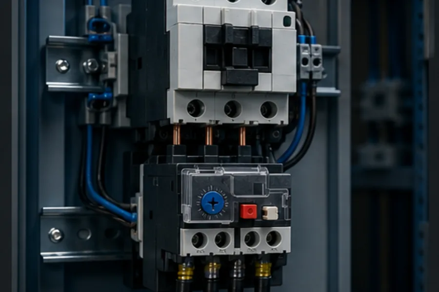 Three-pole contactor mounted above a thermal overload relay in a motor starter