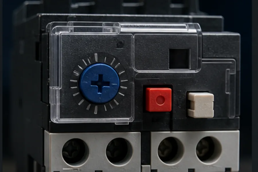 Overload relay current adjustment, trip indication and reset controls