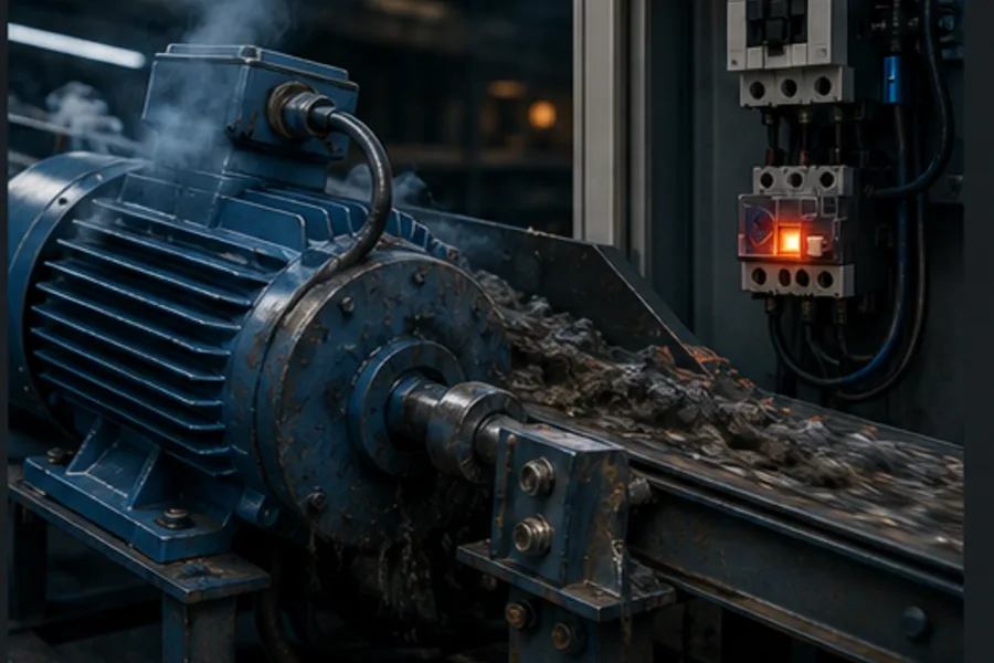 Jammed conveyor motor heating while the thermal overload relay trips the starter