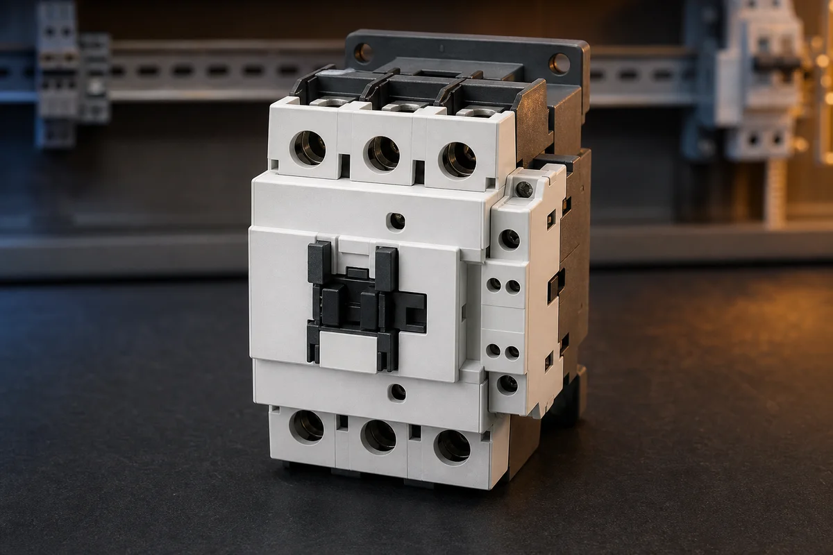 Three-pole industrial motor contactor with coil and auxiliary contact block