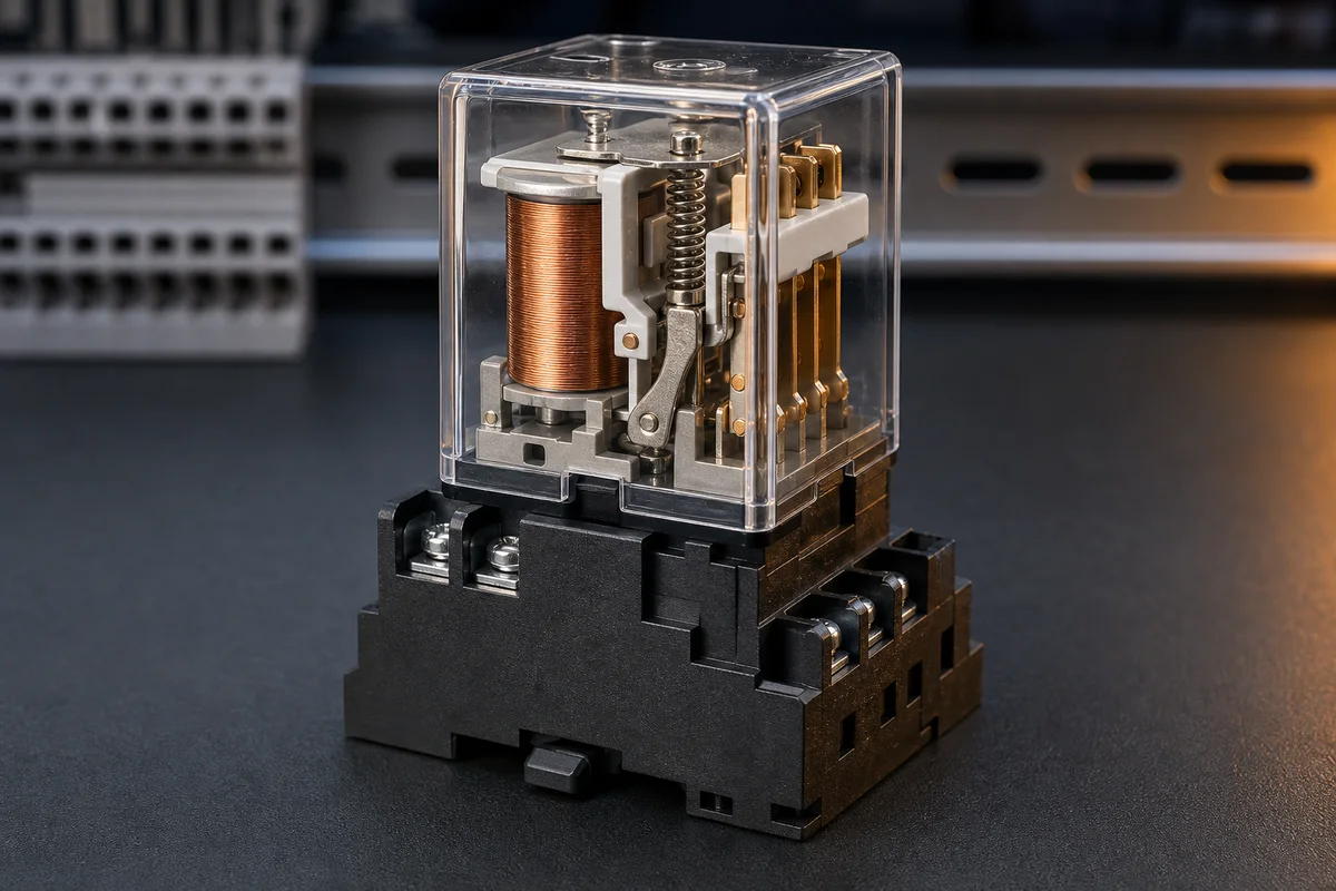 Clear industrial plug-in control relay showing coil, armature and changeover contacts