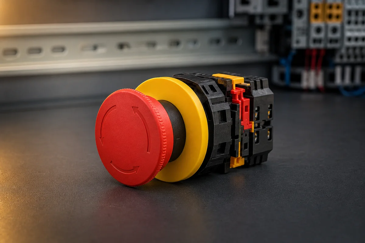 Red mushroom emergency-stop pushbutton with yellow collar and dual contact blocks