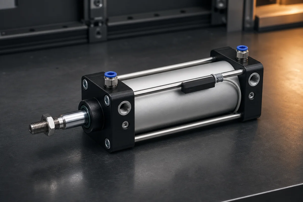 Double-acting pneumatic cylinder with piston rod, two ports and reed switch